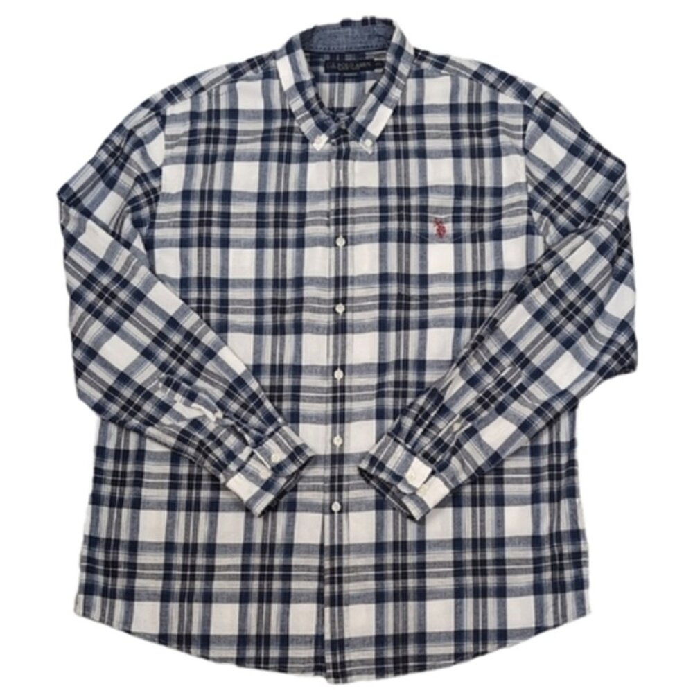 US Polo Assn Plaid Button Down Shirt Blue White Mens XXL Long Sleeve Cotton